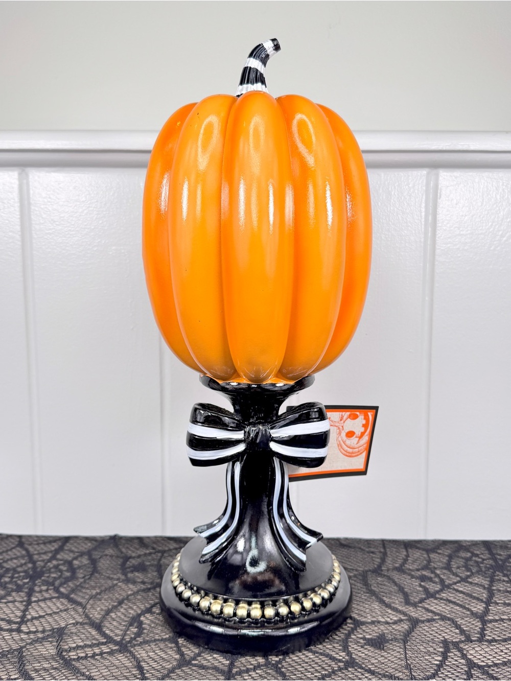 NEW Halloween Home Pumpkin Stand with Striped Bow Halloween Decor